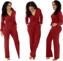 Load image into Gallery viewer, Sleeve V Neck Belted Jumpsuit
