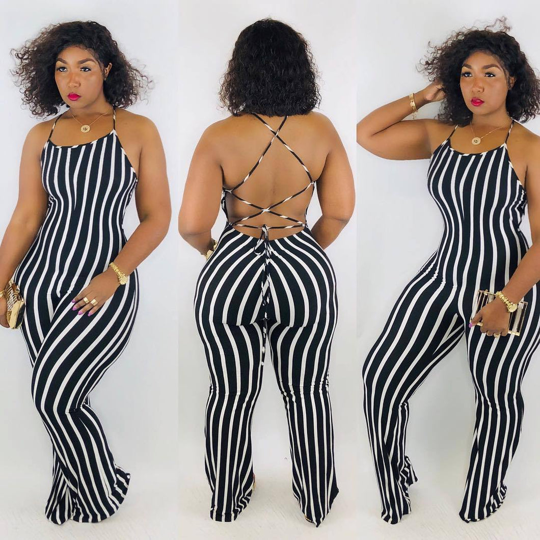Striped Straps Backless Jumpsuits