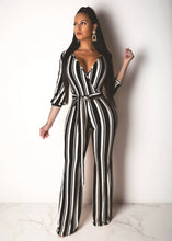 Load image into Gallery viewer, Striped V Neck Wide Leg Sashes Jumpsuits
