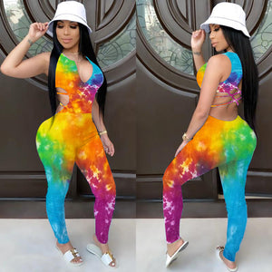 Tie Dye Backless Sexy Tight Jumpsuits