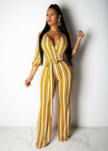 Load image into Gallery viewer, Striped V Neck Wide Leg Sashes Jumpsuits
